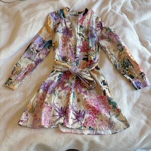 Zara Floral Belted Long Sleeve Fit and Flare Mini Dress Small